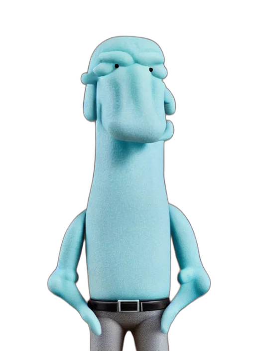 staff, robot, bottle, face, 3d render, cartoon, concept art, blue transparent PNG cut-out