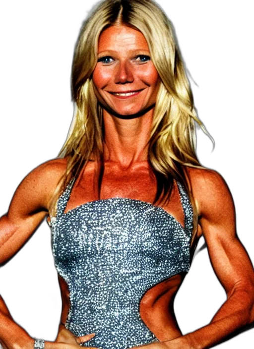 dress, photorealistic, photoshoot, gwyneth, paltrow, miss, olympia, bodybuilder transparent PNG cut-out