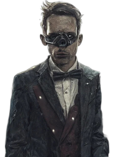 mask, face, jacket, staff, comic book art, concept art, cyberpunk, photorealistic transparent PNG cut-out