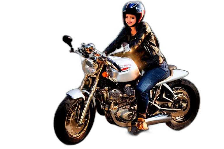 photorealistic, 3d render, concept art, girl, motocycle, chrome, reflect, ultra transparent PNG cut-out