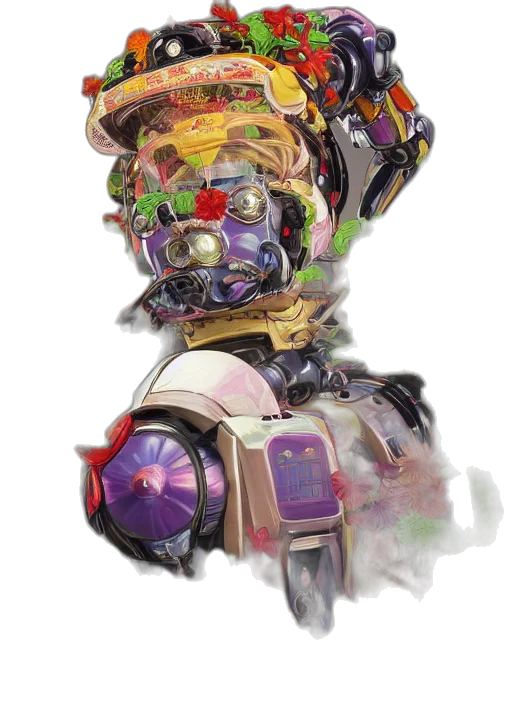 robot, mask, face, weapon, concept art, cyberpunk, 3d render, photorealistic transparent PNG cut-out