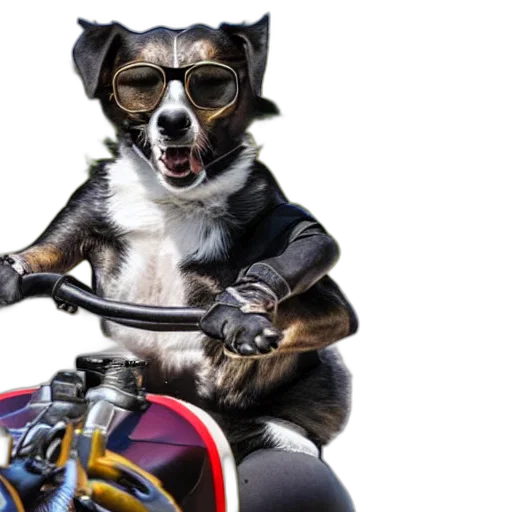 animal, photorealistic, concept art, dog, riding, motorcycle, glasses transparent PNG cut-out
