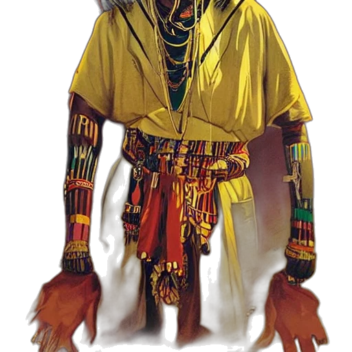 mask, staff, jacket, jewelry, concept art, 3d render, fantasy art, photorealistic transparent PNG cut-out