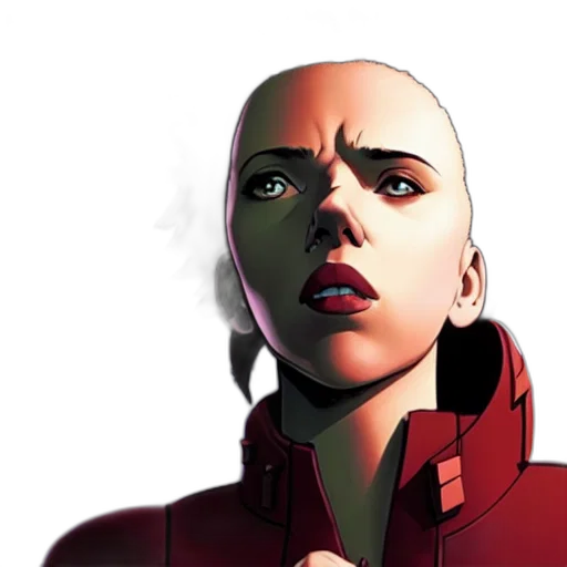 face, robot, jacket, comic book art, concept art, cyberpunk, photorealistic, red transparent PNG cut-out
