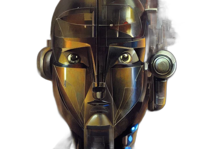 robot, mask, face, concept art, cyberpunk, comic book art, photorealistic, golden transparent PNG cut-out