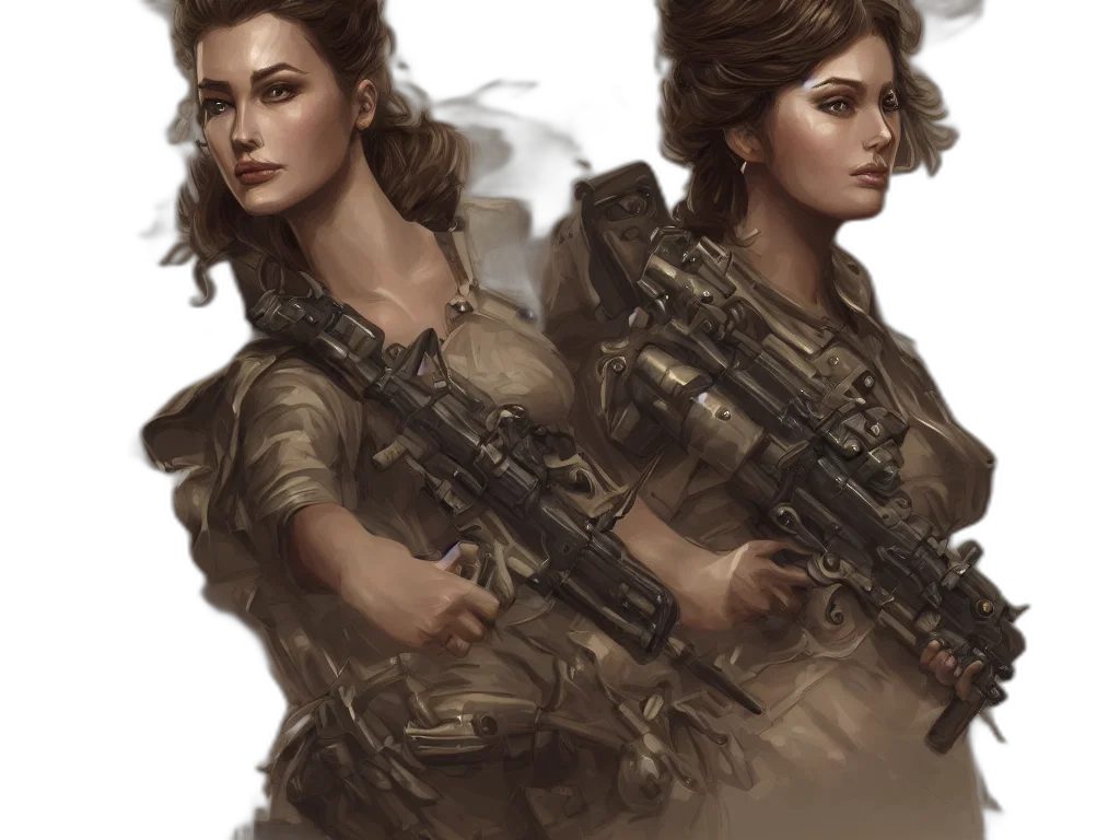 weapon, concept art, comic book art, fantasy art, photorealistic, earth tones, golden, woman transparent PNG cut-out