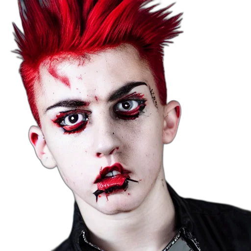 face, creature, jacket, photorealistic, cyberpunk, concept art, red, young transparent PNG cut-out