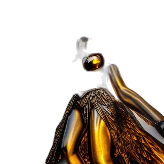 bottle, robot, hair, jewelry, 3d render, concept art, photorealistic, golden transparent PNG cut-out