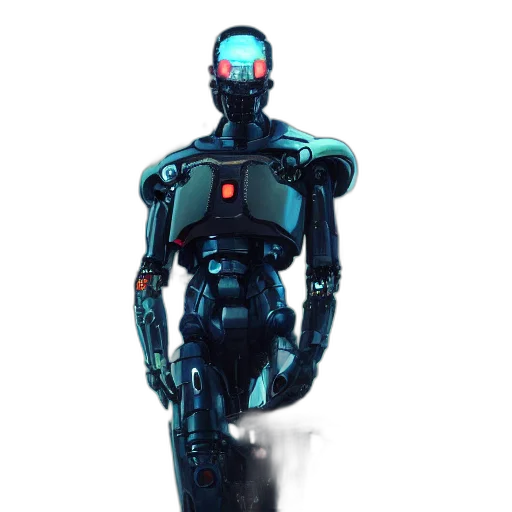 robot, staff, creature, concept art, cyberpunk, 3d render, pixel art, blue transparent PNG cut-out