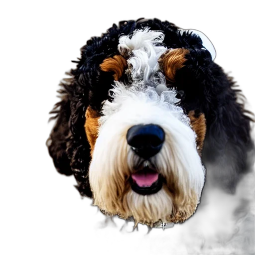 animal, face, staff, mask, photorealistic, 3d render, bernedoodle, wearing transparent PNG cut-out