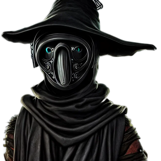 mask, staff, robot, face, concept art, fantasy art, comic book art, cyberpunk transparent PNG cut-out