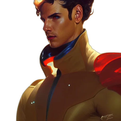 jacket, face, comic book art, concept art, fantasy art, photorealistic, golden, red transparent PNG cut-out