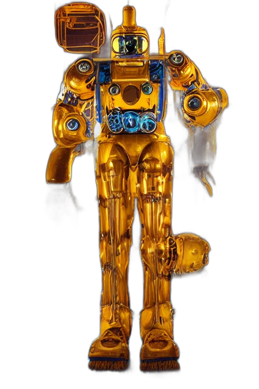 robot, staff, jewelry, mask, 3d render, concept art, outer space, golden transparent PNG cut-out