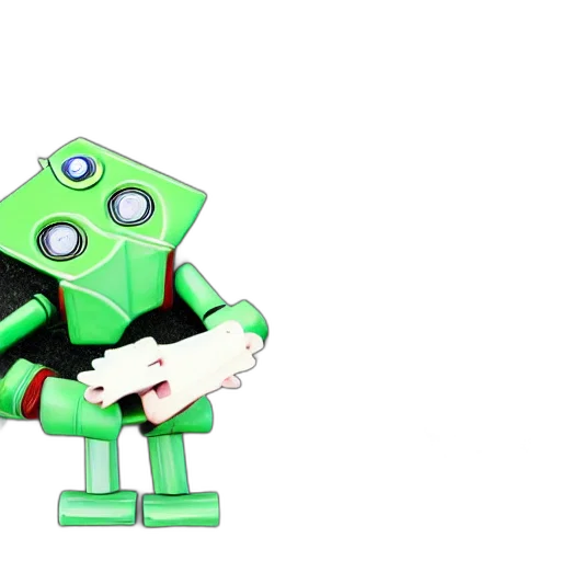 robot, staff, 3d render, pixel art, concept art, cartoon, green, his transparent PNG cut-out