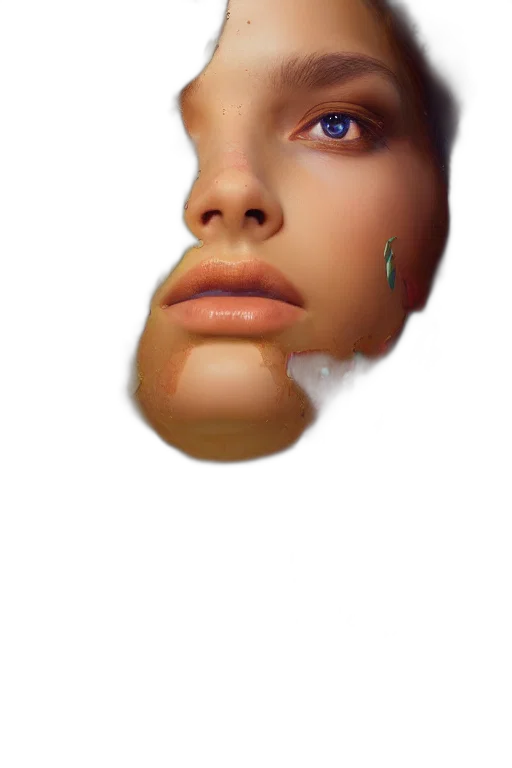 face, mask, robot, hair, photorealistic, 3d render, vaporwave, concept art transparent PNG cut-out
