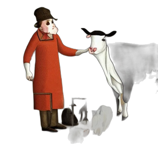 concept art, cartoon, snow, city street, butcher, giving, milk, cat transparent PNG cut-out