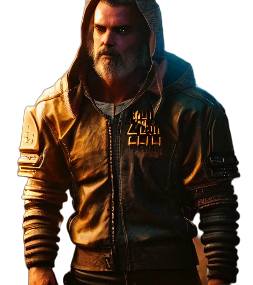 jacket, staff, concept art, cyberpunk, comic book art, pixel art, golden, charismatic transparent PNG cut-out