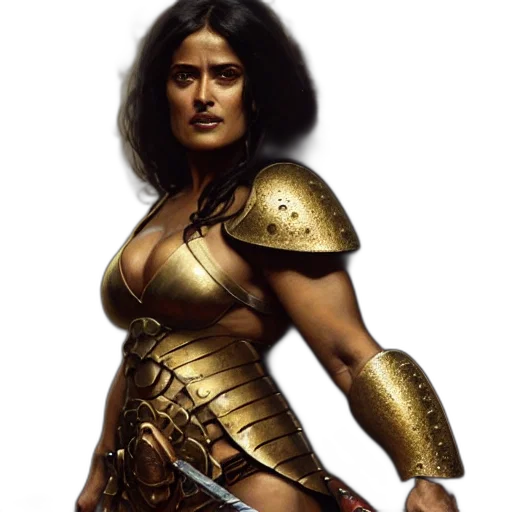 sword, fantasy art, concept art, comic book art, photorealistic, portrait, salma, hayek transparent PNG cut-out