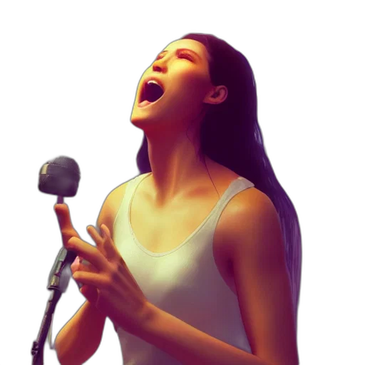 photorealistic, cartoon, watercolor, oil painting, woman, singing, realistic, extremely transparent PNG cut-out