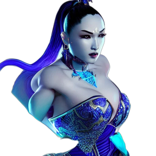 dress, fantasy art, 3d render, concept art, photorealistic, blue, portrait, kitana transparent PNG cut-out