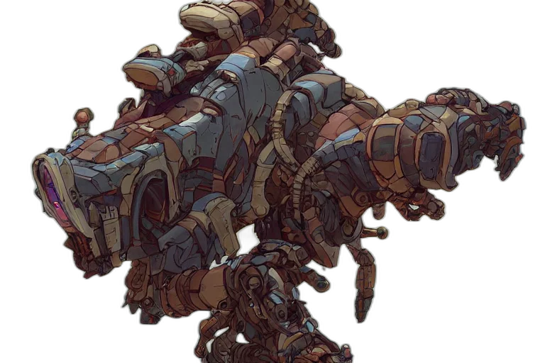 robot, weapon, concept art, fantasy art, cyberpunk, pixel art, earth tones, burrower transparent PNG cut-out