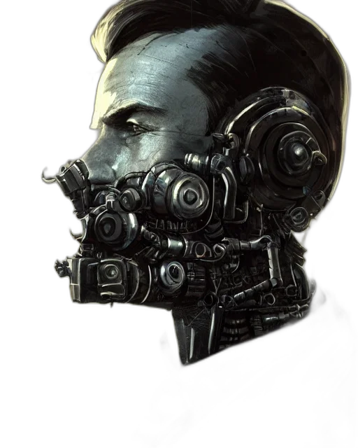 robot, mask, face, weapon, cyberpunk, concept art, comic book art, fantasy art transparent PNG cut-out