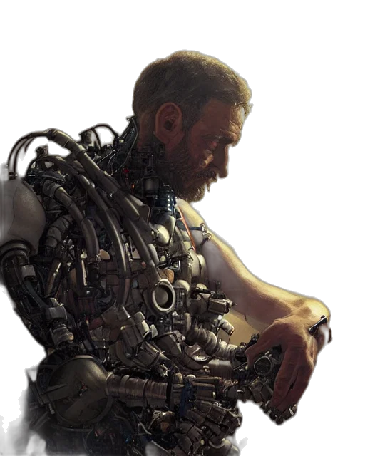 robot, weapon, cyberpunk, concept art, 3d render, comic book art, rugged, engineer transparent PNG cut-out