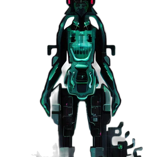 robot, creature, weapon, mask, concept art, pixel art, cyberpunk, 3d render transparent PNG cut-out