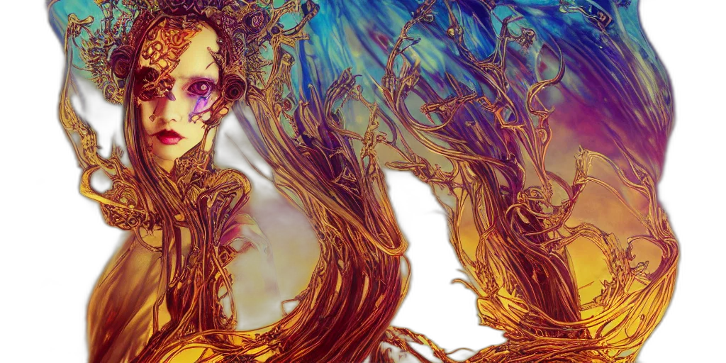 hair, fantasy art, concept art, comic book art, photorealistic, underwater, outer space, golden transparent PNG cut-out