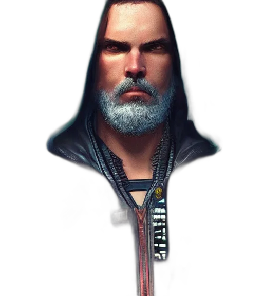 jacket, staff, face, sword, cyberpunk, concept art, fantasy art, comic book art transparent PNG cut-out
