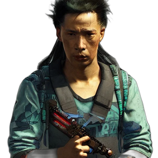 weapon, staff, face, jacket transparent PNG cut-out