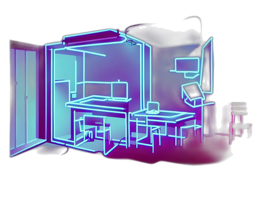 furniture, robot, building, 3d render, pixel art, vaporwave, concept art, neon lights transparent PNG cut-out