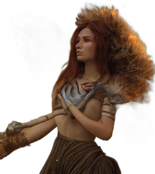 hair, dragon, dress, staff, fantasy art, concept art, photorealistic, 3d render transparent PNG cut-out