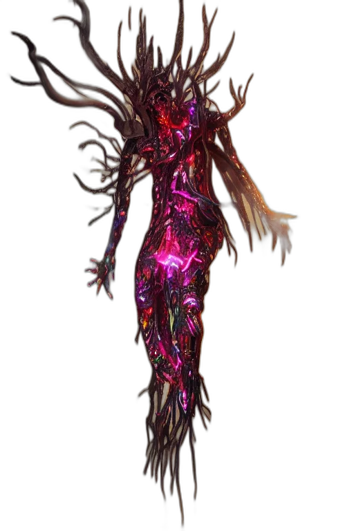 creature, hair, dress, staff, concept art, cyberpunk, 3d render, fantasy art transparent PNG cut-out