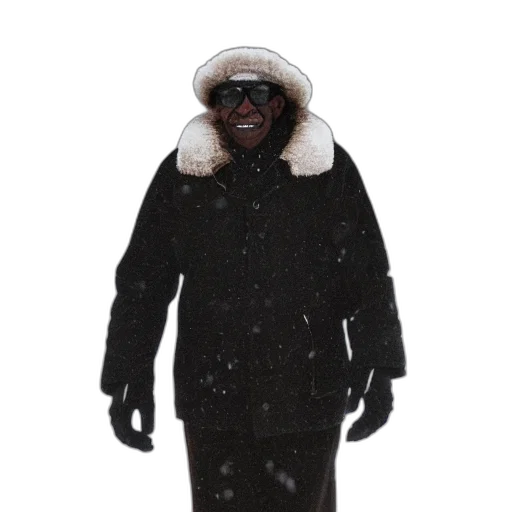 jacket, hat, mask, face, concept art, 3d render, snow, dark transparent PNG cut-out