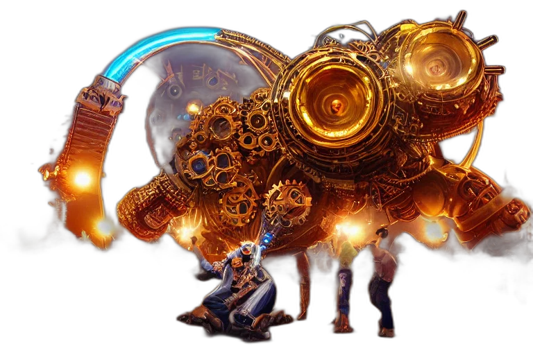robot, weapon, dragon, staff, concept art, fantasy art, 3d render, golden transparent PNG cut-out