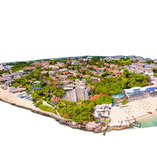 3d render, photorealistic, concept art, beach, island, beautiful, city, very transparent PNG cut-out
