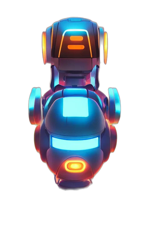 robot, weapon, face, 3d render, concept art, cyberpunk, pixel art, neon lights transparent PNG cut-out