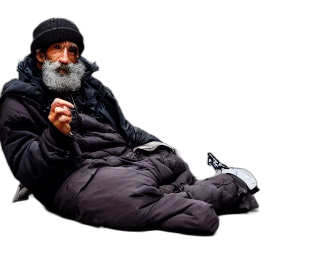 jacket, umbrella, face, staff, photorealistic, beautiful, handsome, homeless transparent PNG cut-out