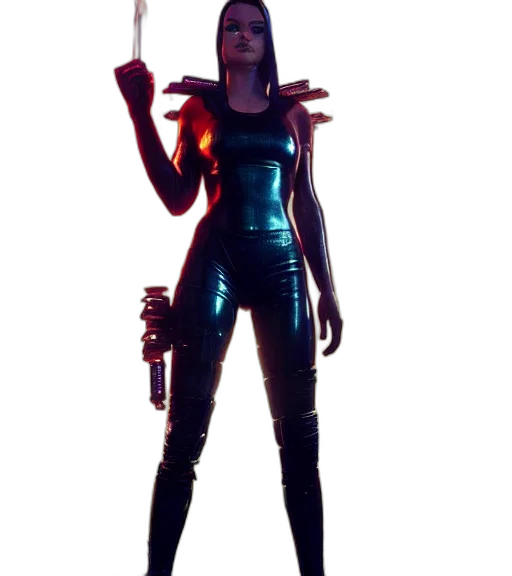 weapon, staff, robot, jacket, cyberpunk, concept art, 3d render, pixel art transparent PNG cut-out