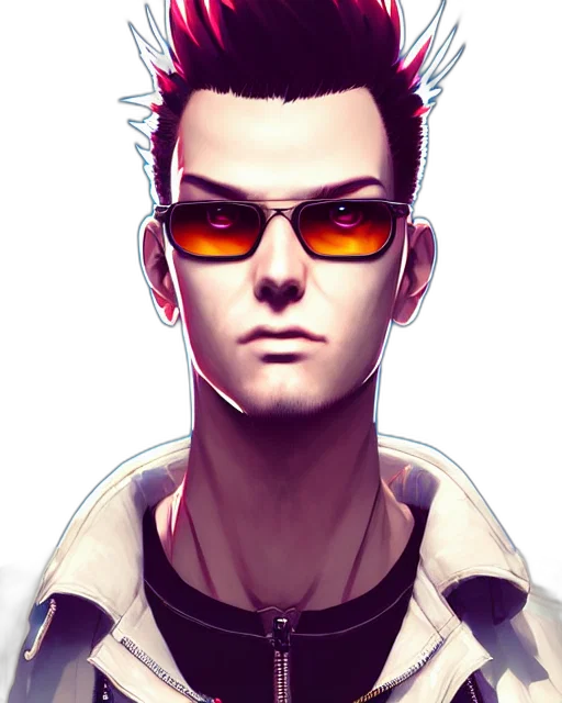 jacket, face, staff, robot, cyberpunk, concept art, cartoon, comic book art transparent PNG cut-out