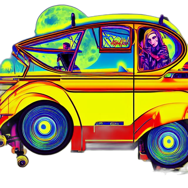 car, cartoon, concept art, comic book art, fantasy art, neon lights, outer space, neon transparent PNG cut-out