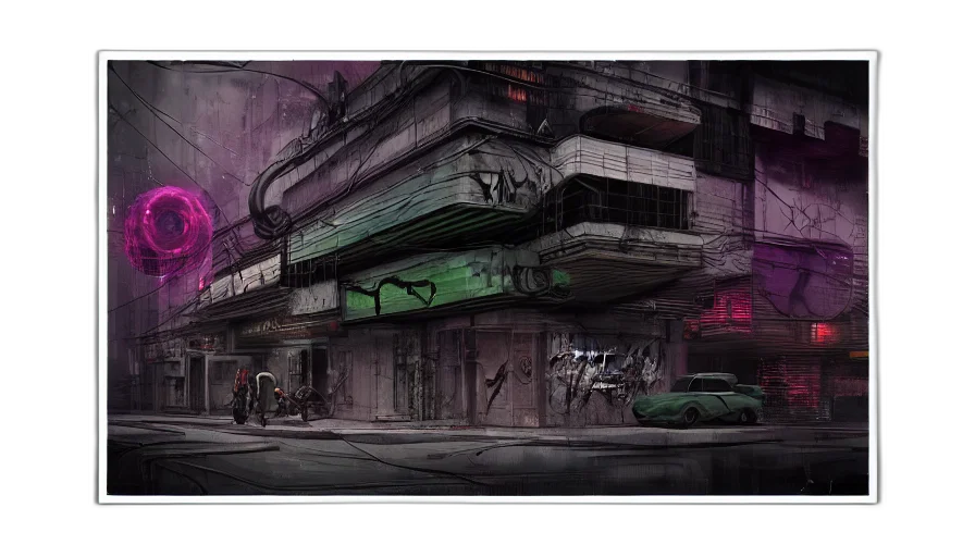 building, car, concept art, cyberpunk, comic book art, watercolor, city street, neon lights transparent PNG cut-out