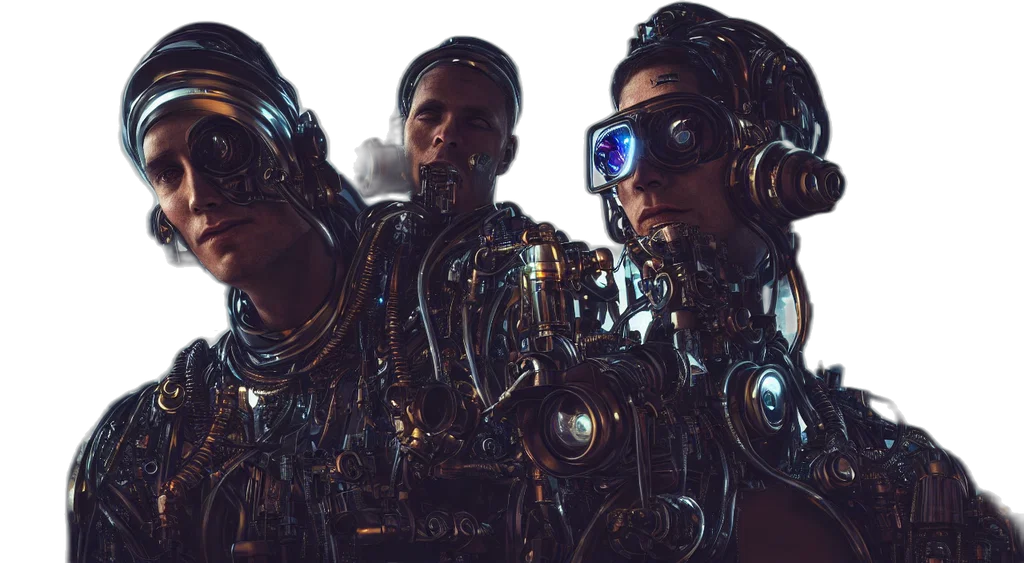 robot, cyberpunk, concept art, 3d render, comic book art, outer space, fish, eye transparent PNG cut-out