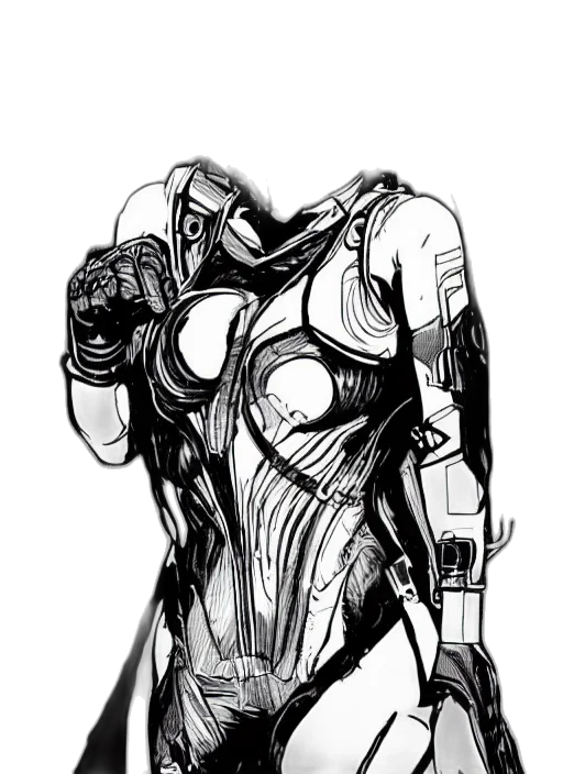 robot, dress, mask, weapon, cyberpunk, comic book art, concept art, pencil sketch transparent PNG cut-out