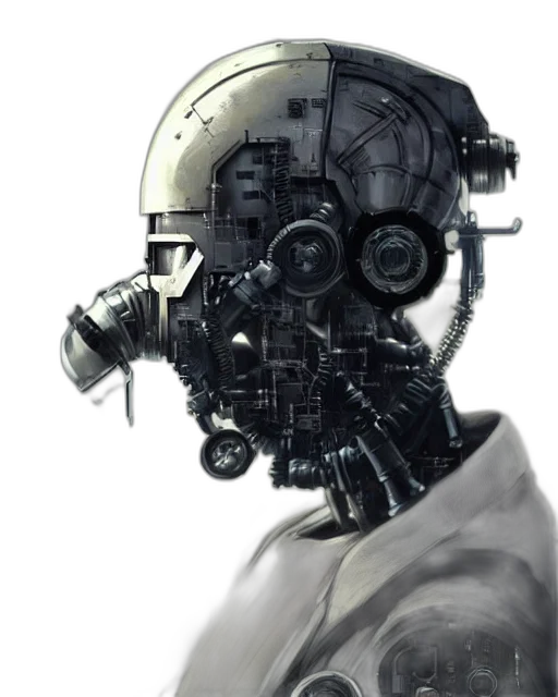 robot, mask, face, creature, cyberpunk, concept art, comic book art, photorealistic transparent PNG cut-out