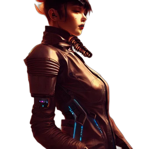 jacket, staff, robot, concept art, cyberpunk, fantasy art, 3d render, dark transparent PNG cut-out