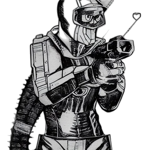 robot, weapon, comic book art, concept art, cyberpunk, cartoon, monochrome, cat transparent PNG cut-out