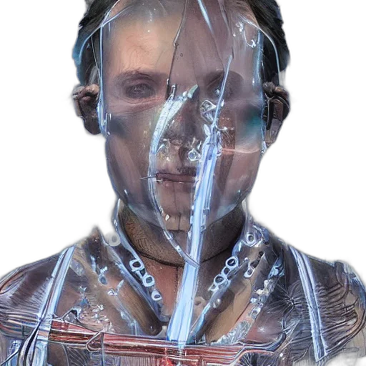 face, mask, staff, robot, concept art, cyberpunk, photorealistic, 3d render transparent PNG cut-out