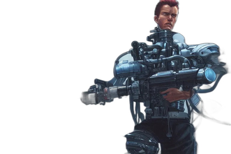 robot, weapon, jacket, concept art, 3d render, cyberpunk, comic book art, terminator transparent PNG cut-out